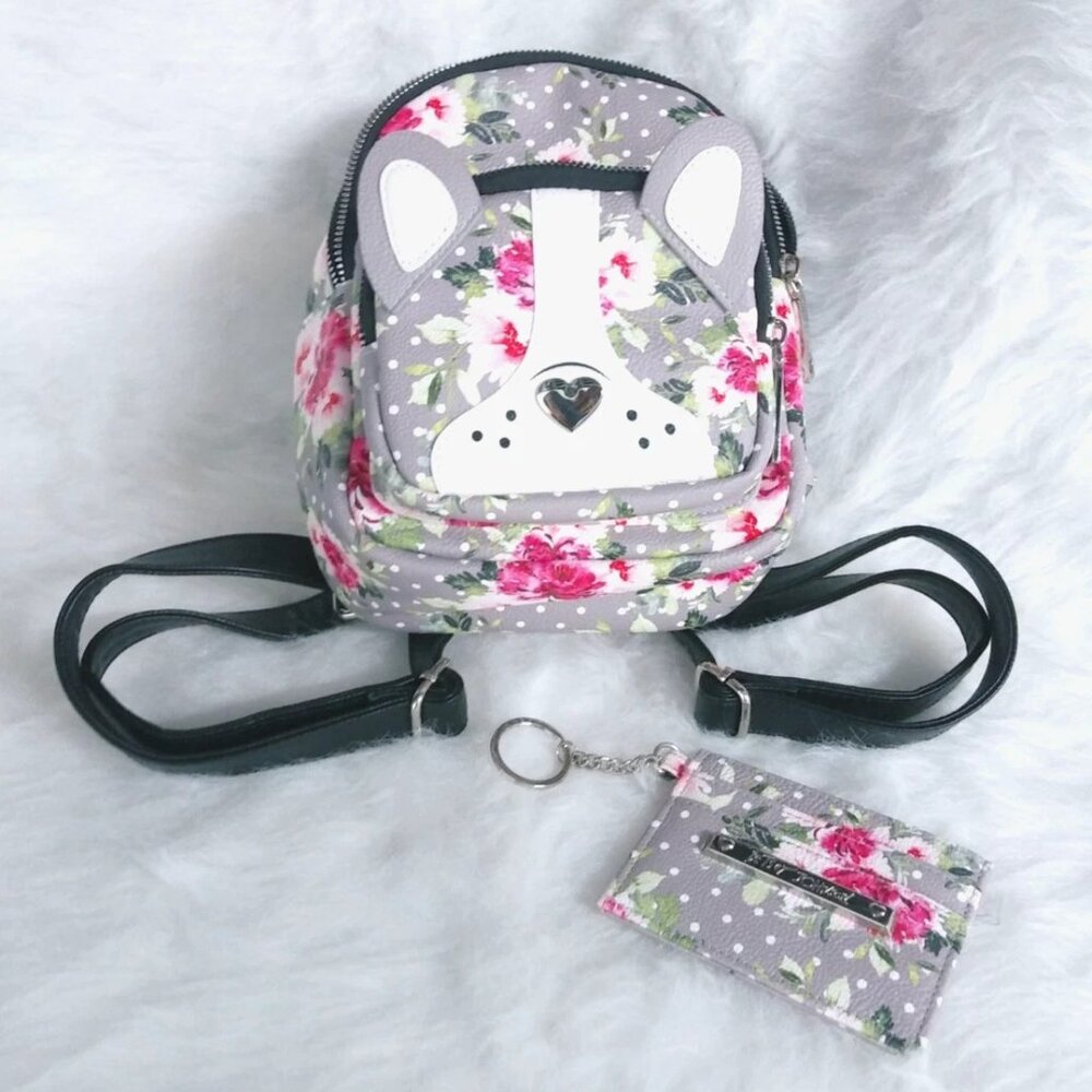 Betsey Johnson French Bulldog Mini Backpack with Matching Credit Card Wallet
